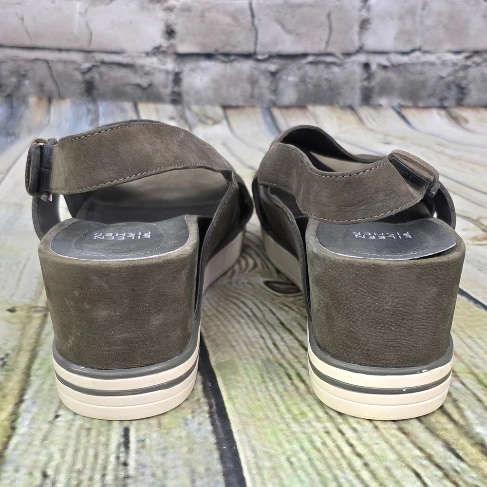 Eileen Fisher Wedge Sandals Womens Size 9 Gray Leather Slingback Platform Summer
